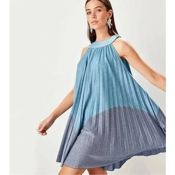 Free People Metallic Pleated Halter Dress Blue Size Large - Picture 1 of 8